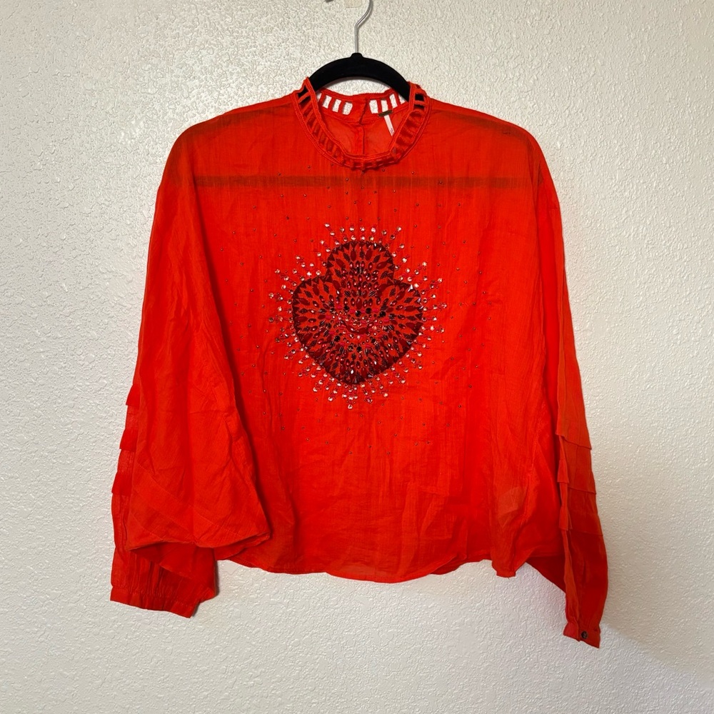 Free People Orange Beaded Crystal Front Batwing Cotton Blouse Small